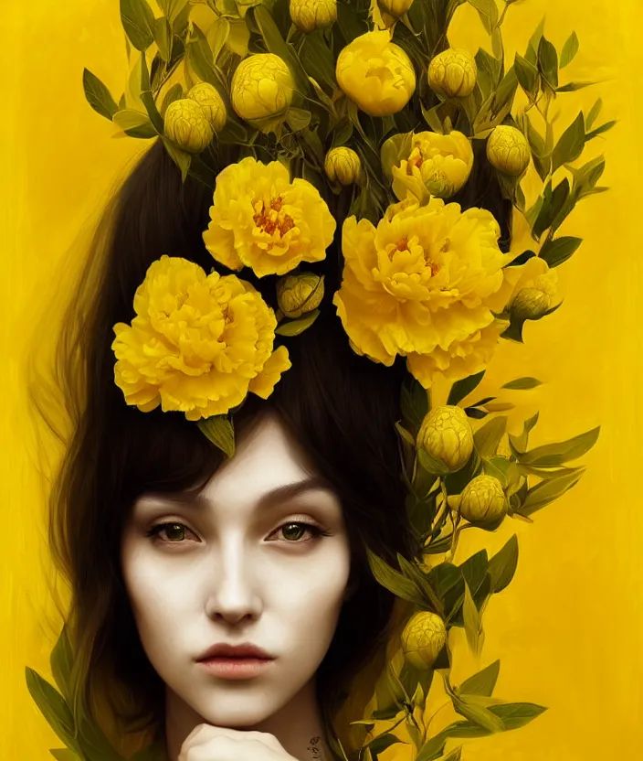 Image similar to beautiful yellow woman, symmetrical portrait, realistic, full body, black peonies, snake twist, rich details, by wlop