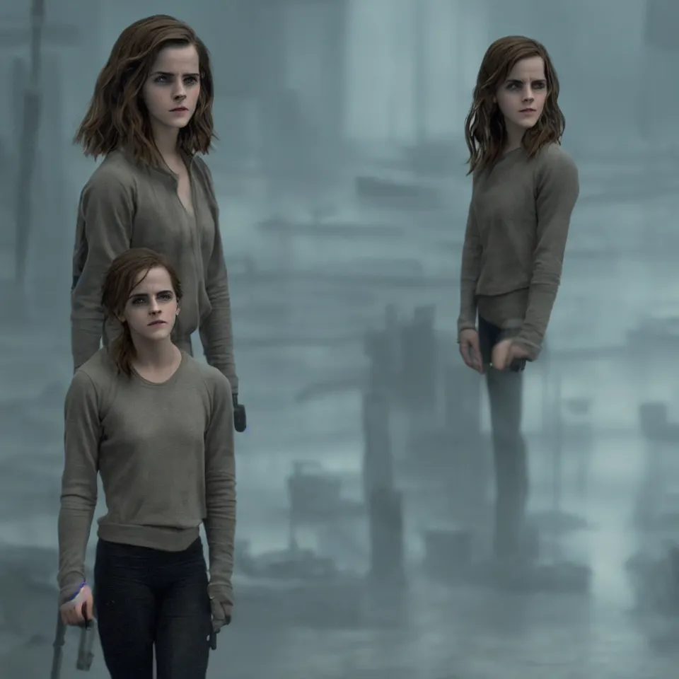 Image similar to Peaceful Emma Watson wearing cyborg prosthetics in the style of Blade Runner 2049 (2017). Clear Hands. Clear body. Black Clothes. Rivendel Background. Cinematic. Professional Photo. UHD. 8k. Clear Face.