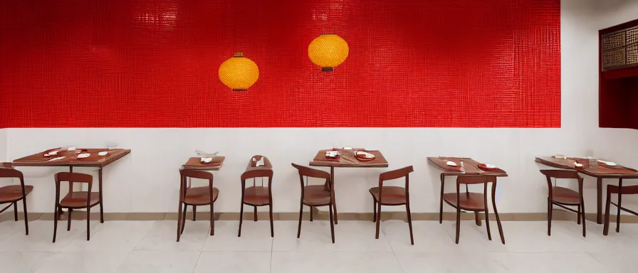 Image similar to a beautiful simple interior render of small roasted string hotpot restaurant restaurant yan'an, wall corner, from china, red paper wall and white tile floor, rectangle white porcelain table, fine simple delicate structure, chinese style, simple composition, simple style structure decoration design, victo ngai, 4 k hd