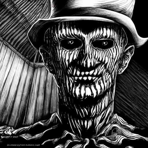 Image similar to Freddy Krueger portrait in the style of Junji Ito. Manga. Black & White. Gothic. Horror. Exquisitely detailed. 4K.