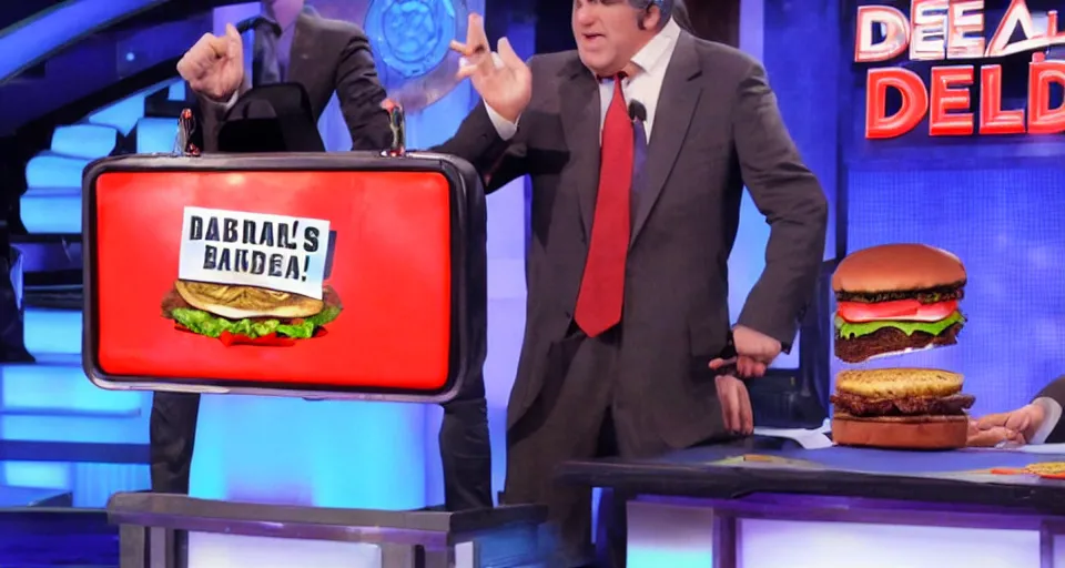 Image similar to deal or no deal game show, contestant opens briefcase and finds a hamburger