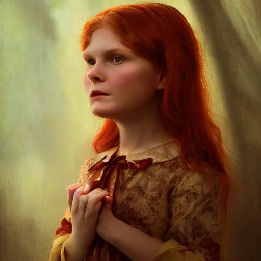 Prompt: majestic gracious regal aristocratic redhead child version of kirsten dunst as the vampire child claudia portrait, indoors, atmospheric lighting, painted, intricate, volumetric lighting, beautiful, rich deep colours masterpiece, sharp focus, ultra detailed, by leesha hannigan, ross tran, thierry doizon, kai carpenter, ignacio fernandez rios