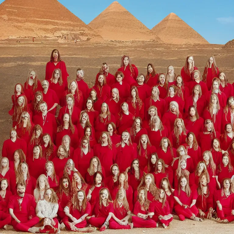 Prompt: photo group portrait of members of esoteric cult in front of red pyramids, restored ektachrome vivid color hyper realistic and detailed, wear red tunics and gold mask and jewels