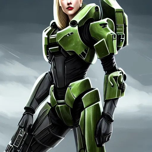 Image similar to A combination of Ada Wong's and Grace Kelly's and Katheryn Winnick's appearances with blonde hair wearing Master Chief's armor from Halo, high tech, action shot, angular, full body portrait, futuristic, dramatic, fantasy, intricate, elegant, highly detailed, digital painting, artstation, concept art, matte, sharp focus, illustration, 8K, art by tian zi and WLOP and alphonse mucha