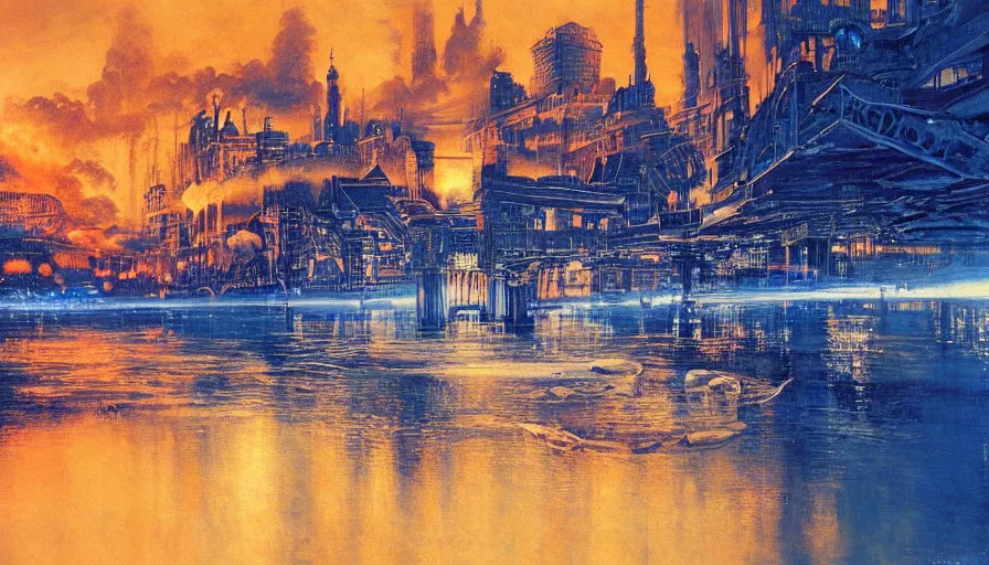 Prompt: river of blue fire, intricate detailed painting, cityscape, john harris