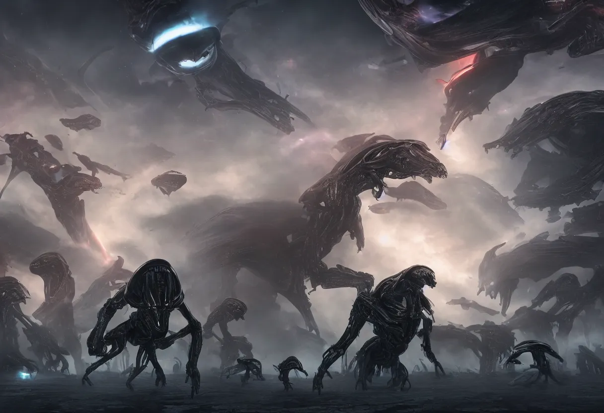 Prompt: eerie and demonic alien race invade galaxy, ominous space battle background, hyper realism, realistic, dramatic lighting, octane render, highly detailed, cinematic lighting, cinematic, art by wes benscoter