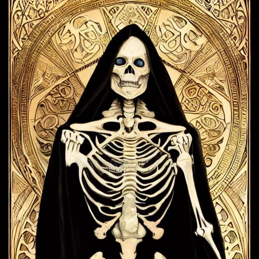 Image similar to a skeleton in a black cloak, highly detailed, very intricate, art nouveau, gold filigree, left right symmetry, tarot concept art watercolor illustration by mandy jurgens and alphonse mucha and alena aenami, featured on artstation