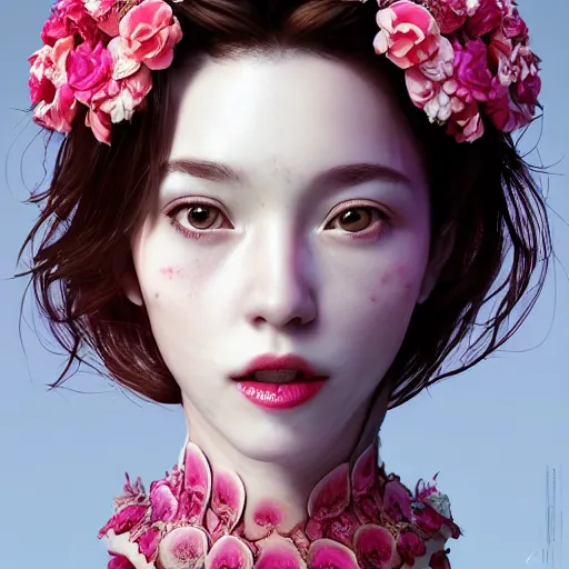 Prompt: the face of absurdly beautiful, graceful, elegant, sophisticated, sensual mature gravure idol made of strawberries and white pink petals, an ultrafine hyperrealistic photograph by kim jung gi, irakli nadar, intricate linework, bright colors, octopath traveler, final fantasy, unreal engine highly rendered, global illumination, radiant light, intricate environment
