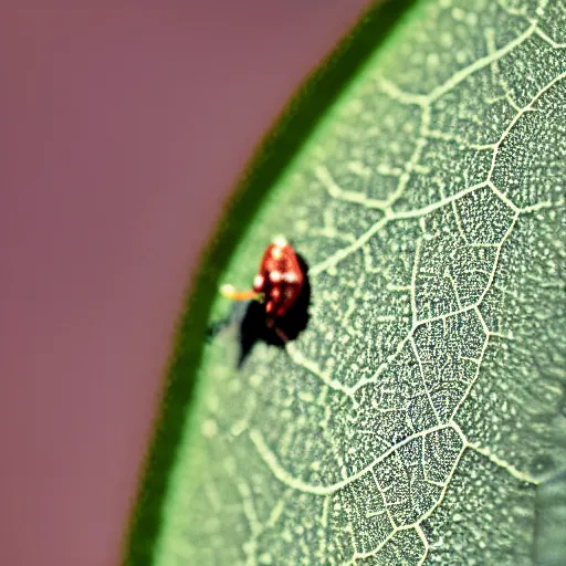 Prompt: award-winning macro shot of a tiny person on a leaf, shallow depth of field, bokeh, Nikon 40mm