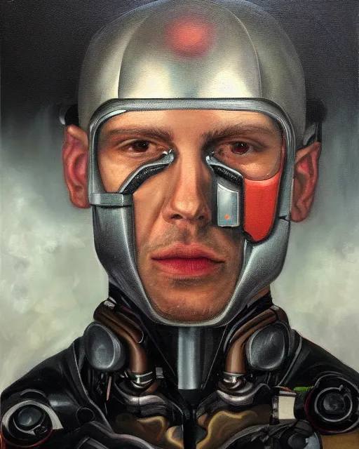 Prompt: sweet portrait of a cyborg man, oil painting. HD