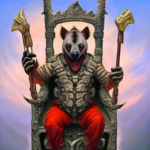 Prompt: a painting of a hyena knight sitting on a throne, a character portrait by tim hildebrandt, deviantart contest winner, fantasy art, ps 1 graphics, hellish background, official art