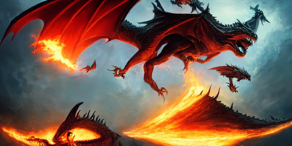 Image similar to Sauron flying in front of the Eye of Souron, a dragon throwing fire, backlighting, oil painting, by Greg Rutkowski