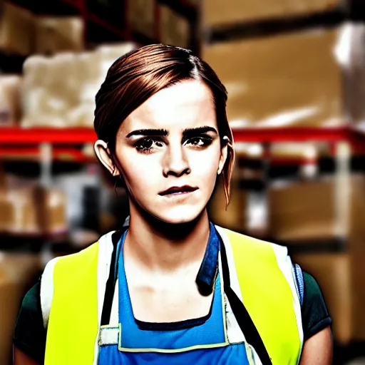 Image similar to photo, close up, emma watson in a hi vis vest, in warehouse, android cameraphone, film noise, 2 6 mm,