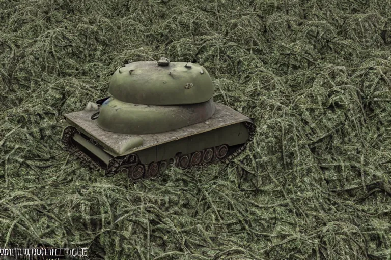 Prompt: 3d render of M4A3 Sherman hidden in bush camo netting dark gritty photo ((((grunge)))) barrel peaking out of the bush ((((((green grey color palette) cinematic ((((((Fury 2014 film)))))) detailed european forest Belgium summer overcast cloudy day