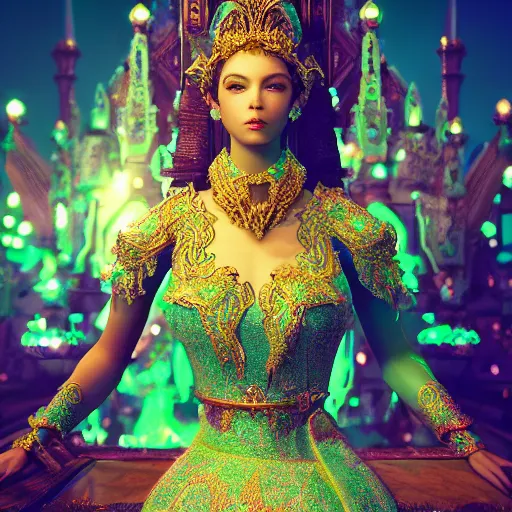 Image similar to portrait of princess of emerald, majestic, ornate, intricate, hyper detailed, accent lighting, kingdom in background, dramatic light, 4 k octane render