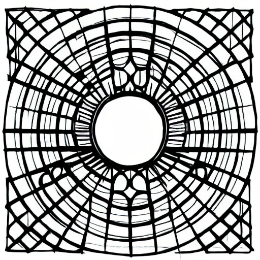 Image similar to a perfect circle, the outer edge of the circle is the silhouette of a city skyline, black and white, minimalist, in the style of a line drawing