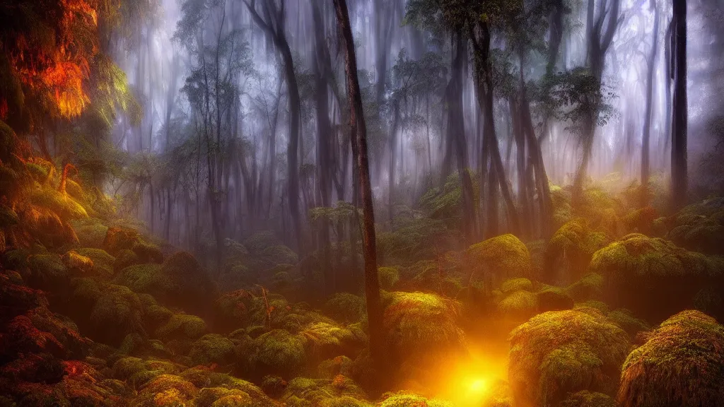 Image similar to amazing landscape photo of a tropical forest by marc adamus, beautiful dramatic lighting