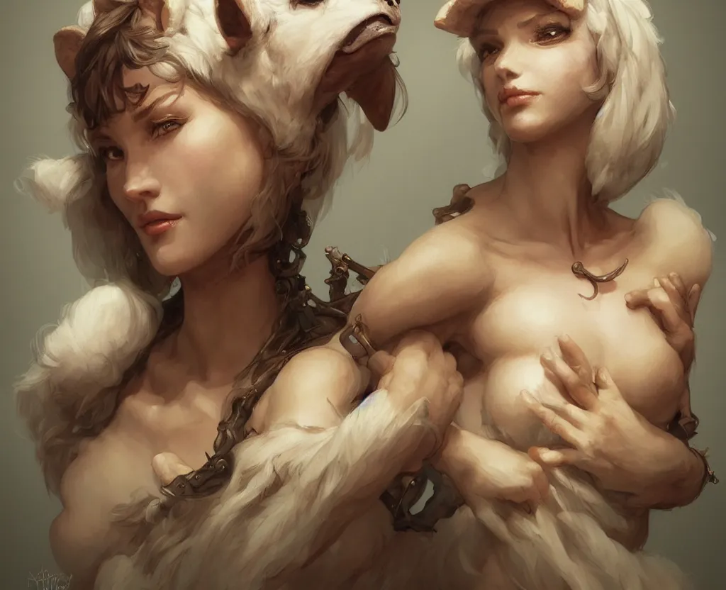 Prompt: female anthropomorphic sheep, realistic portrait, highly detailed, digital painting, artstation, concept art, smooth, sharp focus, illustration, cinematic lighting, art by artgerm and greg rutkowski and alphonse mucha and boris vallejo and frank frazetta