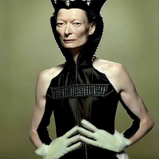 Prompt: Tilda Swinton playing an evil queen.