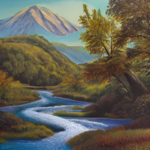 Image similar to A photorealistic painting of a landscape, with mountains, forests, and a river winding through it, in natural colors.