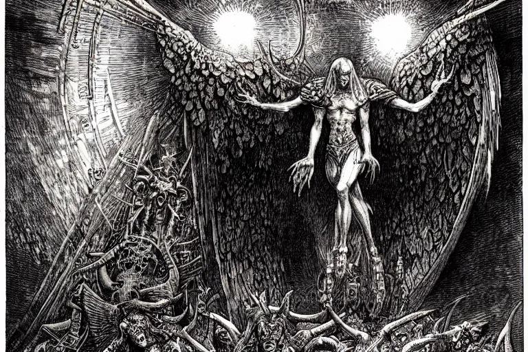 Image similar to fallen angel begs to enter the gates of hell by philippe druillet and gustave dore and les edwards and much a and moebius and hieronymus bosch