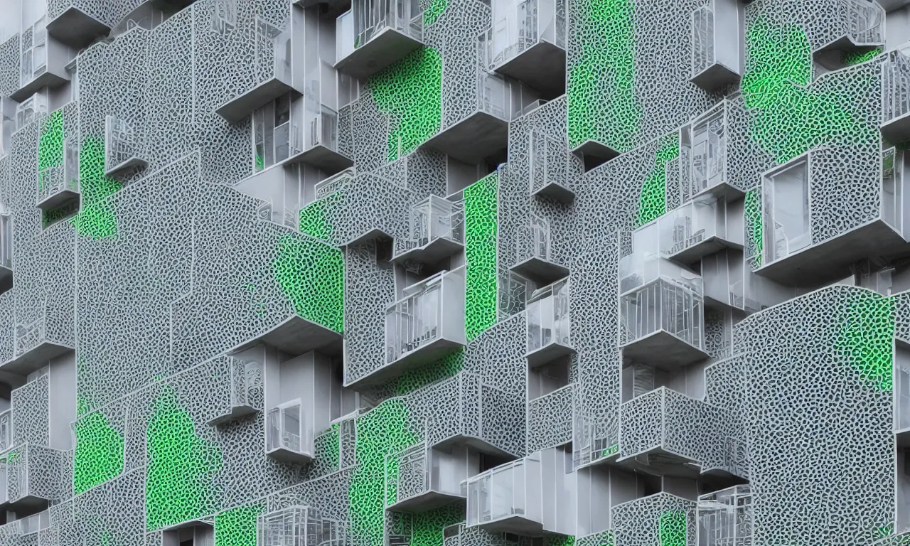 Image similar to african algae concrete additive printed multifamily modern architecture, colorful geometric exterior rain - screen cladding, architectural sculptural interior, visually satisfying architecture render in vray