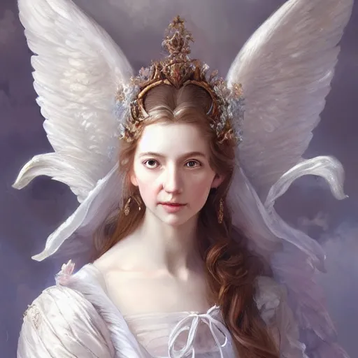 Image similar to A masterpiece portrait of a royal princess baroque rococo girl with tall white amazing with angel wings. trending on artstation, digital art, by Stanley Artgerm Lau, WLOP, Rossdraws, James Jean, Andrei Riabovitchev, Marc Simonetti, Yoshitaka Amano