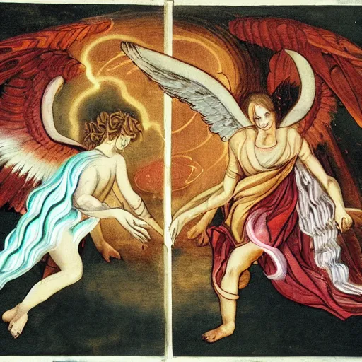 Image similar to an angel overlapping a demon, fusing in the middle