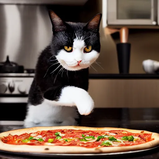 Prompt: black and white exotic shorthair making pizza in a modern kitchen, realistic photo,