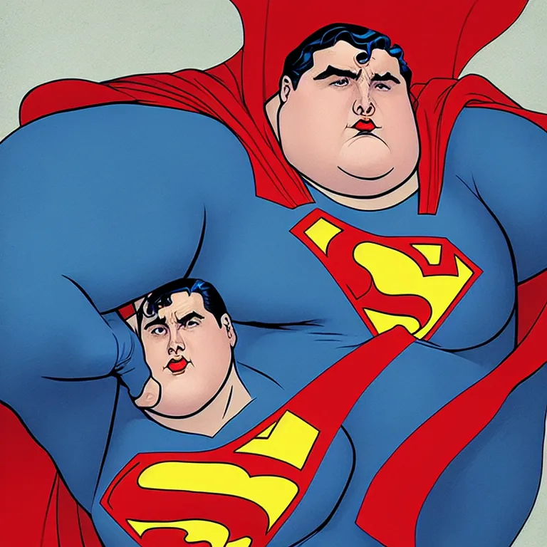 Prompt: Mordidly obese superman, style of Joshua Middleton comic book art Nick Dragotta comic art, symmetrical face, symmetrical eyes, depressed sad expression, painterly style