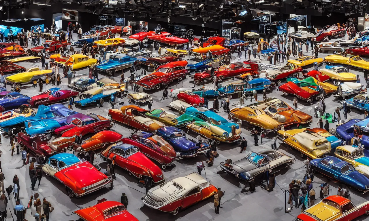 Image similar to exhibition hall full of restomods cars, high detail, colorful image, small features, from new movie by digital domain and weta digital, strong ambient occlusion