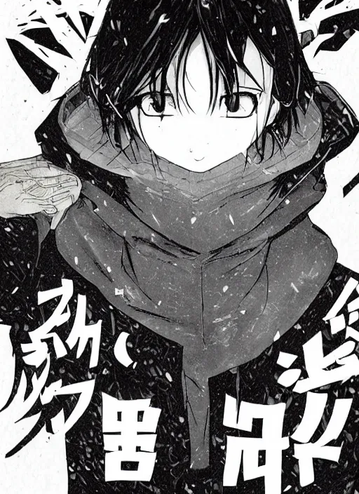 Image similar to manga cover, black-haired man wearing a black hoodie, stubble beard, thick eyebrows, short hair, intricate cyberpunk city, emotional lighting, character illustration by tatsuki fujimoto