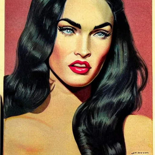 Image similar to “Megan Fox portrait, color vintage magazine illustration 1950”