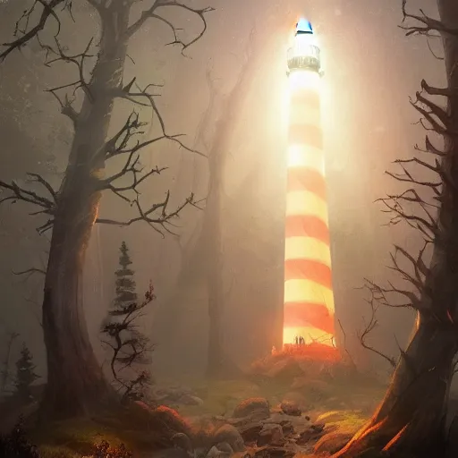 Prompt: a magical lighthouse in the middle of the woods, magical forest, by Jordan Grimmer and greg rutkowski, crisp lines and color,