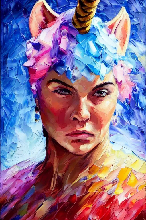 Prompt: palette knife oil painting portrait of estrella, a muscular bouncer with the purity of a unicorn, extreme detail, artstation trending, artgerm, any racial background, deviant art, octane, substance, art history 8 k