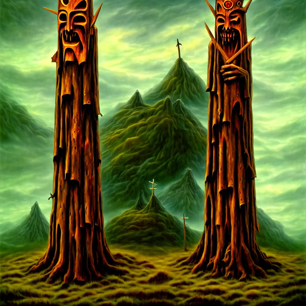 Prompt: evil druids ritual, wood totem, on a hill, a detailed matte painting, fantasy, depth of field, grim, dark, oil on canvas