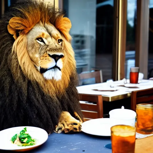 Prompt: a lion sitting at a restaurant eating dinner