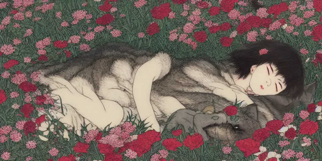 Prompt: a wolf cub sleeping in a bed of flowers by gharliera and takato yamamoto + anime, japanese kappademon + insane details wow high octane render