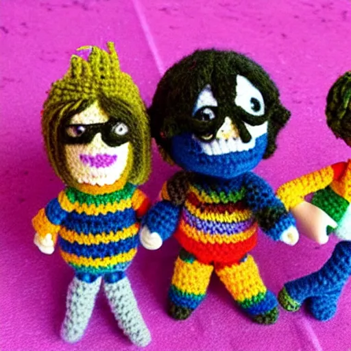 Prompt: toy beatles group created with crochet wool playing music