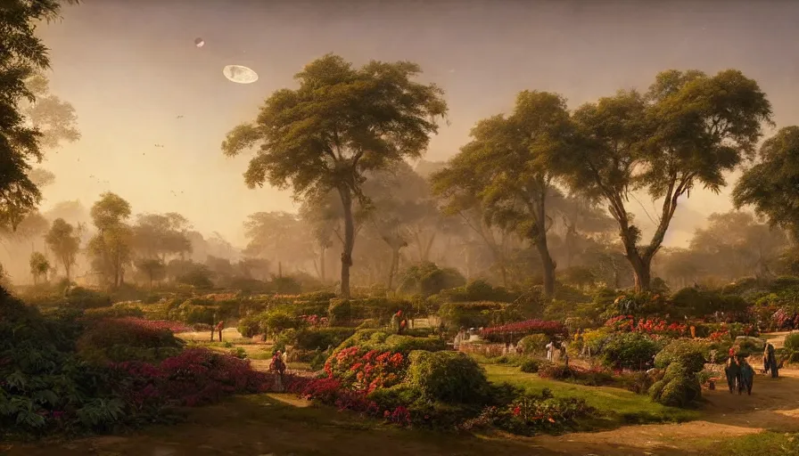 Prompt: highly detailed digital matte painting of beautiful gardens and orchards on a massive space station, by Raphael LaCoste and Ruan Jia and Robert McCall, postcyberpunk, hyperdetailed, dusk, golden hour, wide shot, volumetric lighting, autochrome, octane render