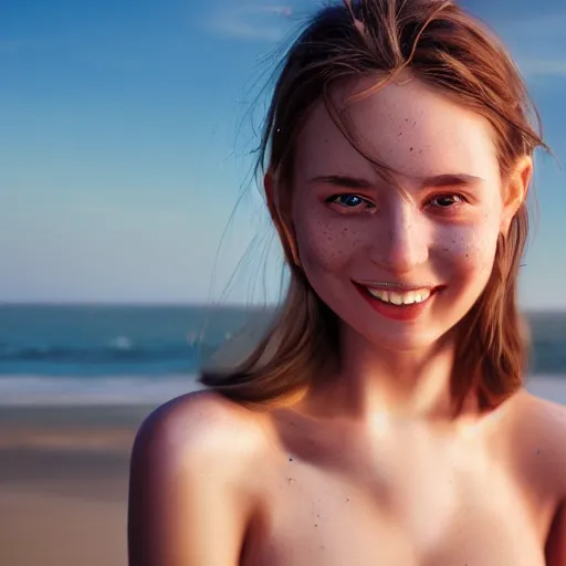 Image similar to beautiful serene intricate portrait of a cute thin young woman, red blush, cute freckles, smug smile, modern clothes, relaxing on the beach, golden hour, close up shot, soft focus, 8 k, art by irakli nadar, hyperrealism, hyperdetailed, ultra realistic