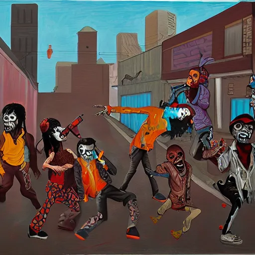Prompt: zombies shooting a rap video in the ghetto by justin bua, oil on canvas