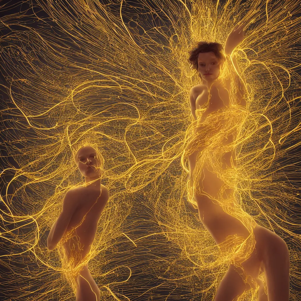 Image similar to radiant human body with thin golden lines, sparks, white cloth, electric wires and electronics, Art Nouveau, Alphonse Mucha, cinematic realistic photo, octane render