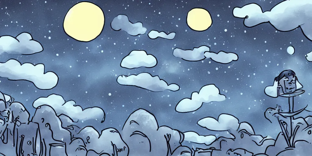 Prompt: moonlit night sky cartoon handrawn animation style