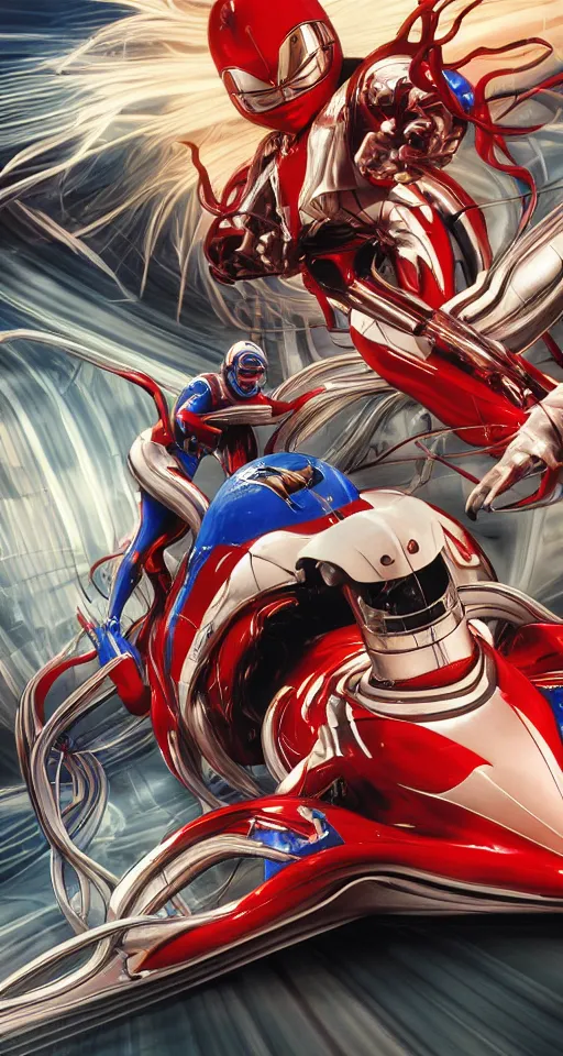 Image similar to Speed Racer Designed By Moebius Yasushi Nirasawa and HR Giger, full body action pose, hyperrealistic, octane render, HDR, volumetric lighting,