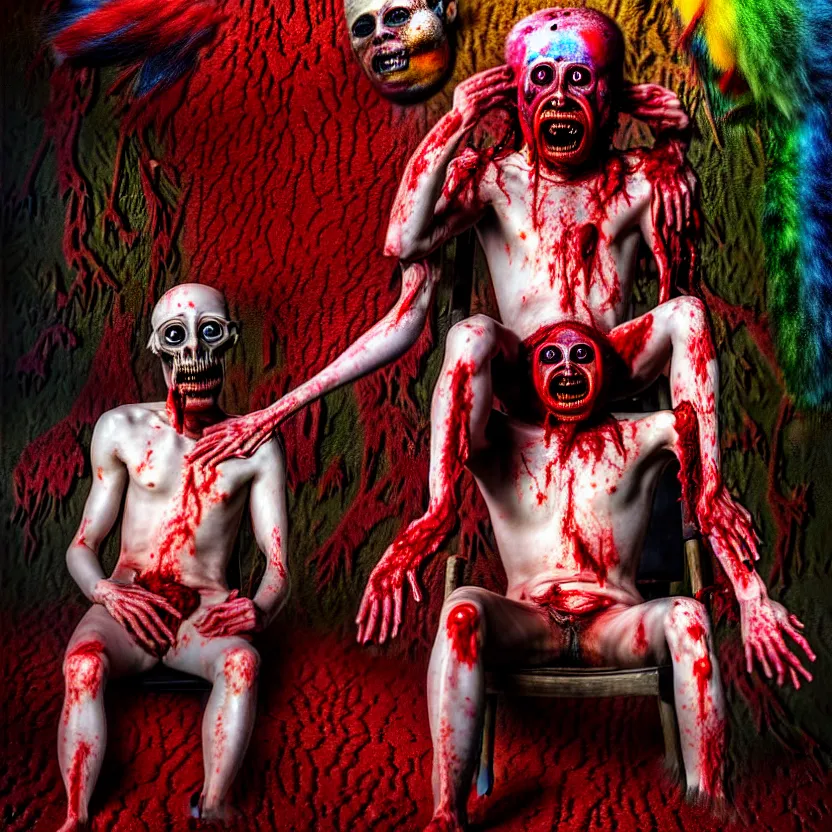 Image similar to a close - up portrait of a beautiful flesh - eating timikawa with rainbow fur eating a screaming man, sitting on chair made of human limbs, the chair is floating in a lake of blood, surrounding the lake are melting trees, photograph by yousouf karsh, hyperrealistic nightmare scene, supernatural, highly detailed, creepy, terrifying