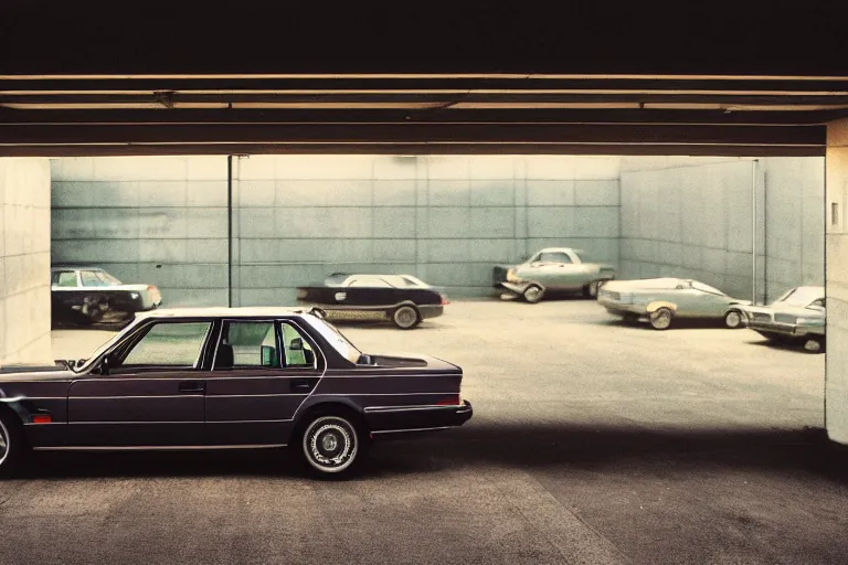 Prompt: BMW wagon estate with its lights on, inside of an badly lit 1970s parking garage, ektachrome photograph, volumetric lighting, f8 aperture, cinematic Eastman 5384 film