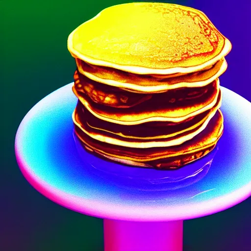 Image similar to a psychedelic stack of pancakes on a pedestal at an art museum, realistic photo, vaporwave style