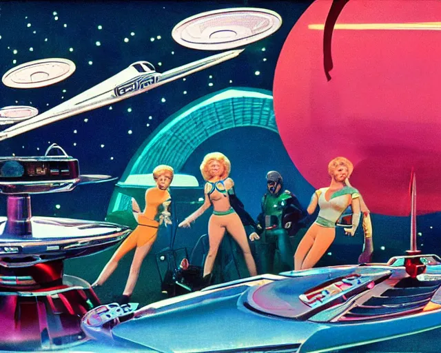 Image similar to a scene from a fictional retro scifi movie, where the crew of a spaceship are huddled over a console drinking coctails. in the style of barbarella the movie