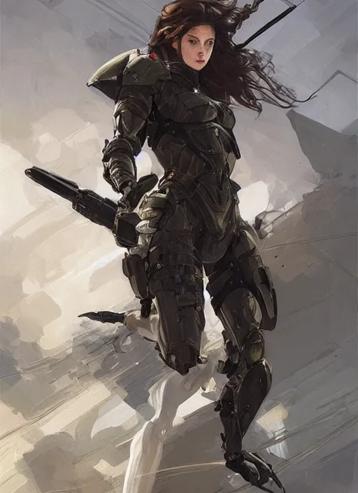 Image similar to a professional painting of a beautiful young female, clothed in military armor, olive skin, long dark hair, beautiful bone structure, symmetrical facial features, intricate, elegant, digital painting, concept art, smooth, sharp focus, illustration, from Metal Gear, by Ruan Jia and Mandy Jurgens and Artgerm and William-Adolphe Bouguerea